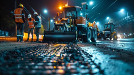 As the night sky glows with the city lights workers diligently work to complete the road paving project with a sense of pride and accomplishment.
