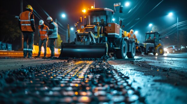 As the night sky glows with the city lights workers diligently work to complete the road paving project with a sense of pride and accomplishment.