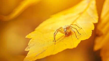 Macro shot of a spider perched on a vibrant yellow leaf, high definition, isolated studio setting, intricate details