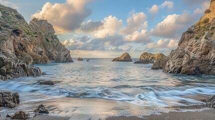 A quiet bay surrounded by rugged rocks, where gentle waves lap against the shore and light clouds provide a serene backdrop.