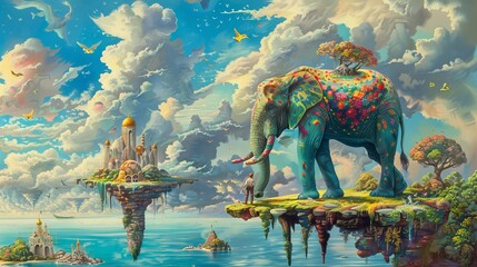 Obraz premium Giant canvas with an elephant artist, surreal landscape, floating islands, vibrant hues, whimsical and imaginative, evoking a sense of creativity and wonder