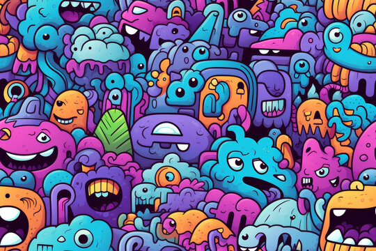 Seamless pattern with vivid colors and funny doodles. high-quality and ready for full print. sublimation t-shirt design