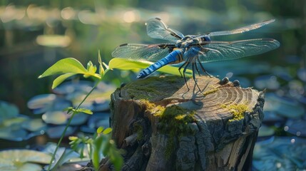 High-detail close-up of blue dragonfly on tree stump, lush green leaf, vibrant colors, sunlight highlights, serene setting