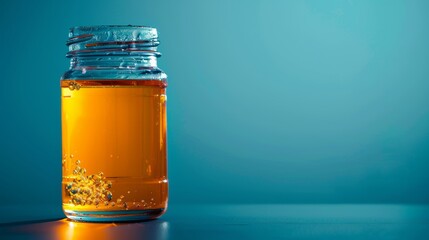 High-quality close-up of a glass jar with orange liquid, isolated on a blue backdrop, perfect lighting for ads