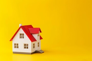 isolated white house model with red roof on vibrant yellow background real estate advertisement banner