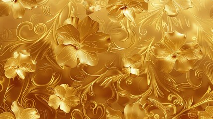 A rich abstract gold floral texture with stylized flowers and curling vines, offering a warm and inviting decorative pattern.