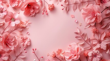 Pastel pink background with fabric flowers and foliage, Spring blooms and petals, Creative floral mock up, Top view, Flat lay