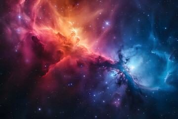 Fototapeta premium Big Bang colorful space galaxy fog cloud nebula. Universe science astronomy and stary night cosmos mockup background. Supernova concept wallpaper.