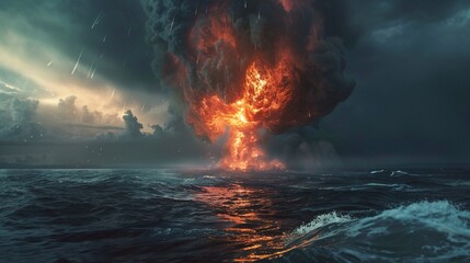 Oceanic nuclear explosion, towering fire plume, water igniting into flames, apocalyptic scene