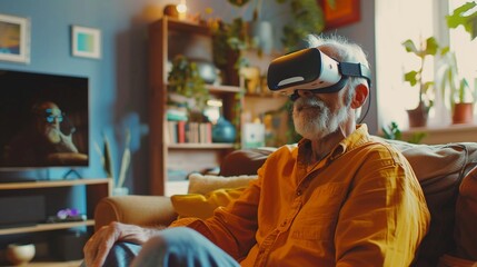 Old man using VR glasses, dynamic gameplay in a stylish living room, energetic mood, sophisticated tech details