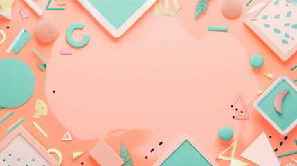 Pastel-colored geometric shapes, freeform and whimsical, cartoonish design, creating a fun border around a blank space for text, minimal background