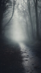 Obraz premium A foggy forest path with bare trees and a mysterious atmosphere. The path is wet, reflecting light, and leads into the dense fog.