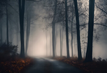 Fototapeta premium A foggy forest path with tall, leafless trees on either side. The ground is covered with fallen leaves, and the atmosphere is eerie and mysterious.
