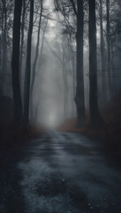 Naklejka premium A misty forest path with tall, dark trees and a foggy atmosphere. The path is wet and reflective, creating an eerie and mysterious ambiance.