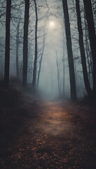A foggy forest path illuminated by moonlight. The tall, bare trees create an eerie atmosphere, with the path leading into the dense fog.