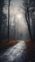 A foggy forest path with tall, bare trees on either side. The ground is wet, and the path is illuminated by a soft, eerie light. Fallen leaves are scattered along the path.