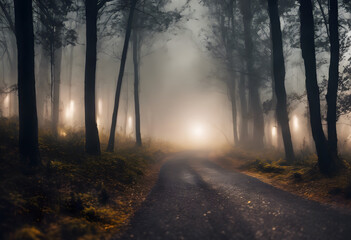 A foggy forest path illuminated by mysterious lights in the distance. The scene is eerie and atmospheric, with tall trees and a winding road.