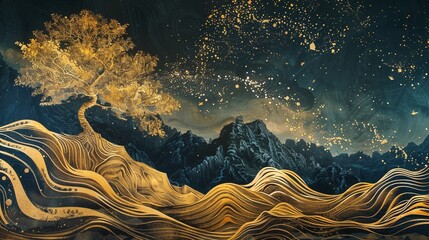 Surreal 3D mural, night scene with dark mountains, a towering golden tree, shimmering gold waves creating dynamic patterns