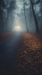 Fototapeta premium A foggy forest road at night with car headlights in the distance. The ground is covered with fallen leaves, and the trees are tall and bare.