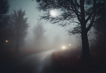 Fototapeta premium A foggy night scene with a winding road illuminated by car headlights and surrounded by bare trees.