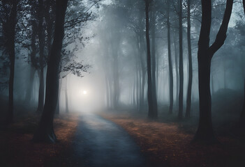 Fototapeta premium A foggy forest path with tall trees and a mysterious light in the distance. The scene is eerie and atmospheric, with a sense of mystery and suspense.