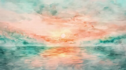 Obraz premium A serene watercolor sunset painting with delicate shades of pink, orange, and teal blending into a twilight sky over a misty lake.