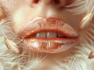Beautiful feminine lips with gold metallic makeup and white feathers. 