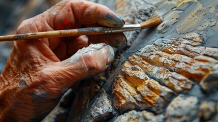Illustrate a modern artist creating new rock art, blending traditional techniques with contemporary styles, Close up