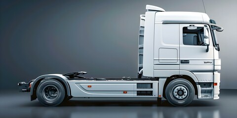 Isolated Europeanstyle white cargo truck from front right corner angle view. Concept European Style Truck, Cargo Vehicle, Isolated, Front View, White Color, Transportation