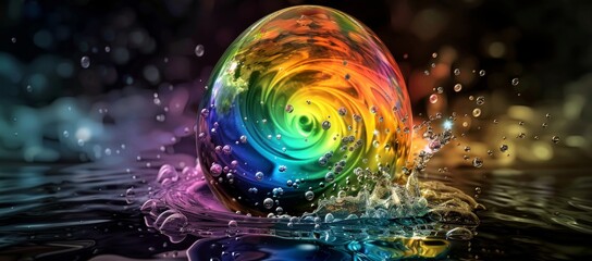A colorful rainbow swirl inside an egg-shaped glass sphere, bubbles swirling around it on a black background, in the style of digital art.
