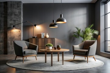 Dark living room interior with round table