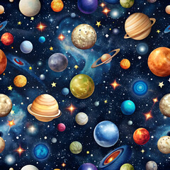 galaxy world planets with stars seamless pattern