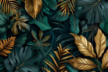 A composition of various green and golden leaves on a black background, creating an elegant tropical design with natural elements. 