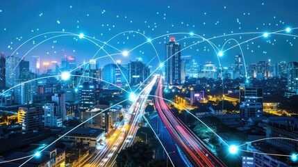 Obraz premium A network of glowing fiber optic cables emerging from a futuristic cityscape. abstract polygon pattern connection with speed line light, big data connection technology concept.
