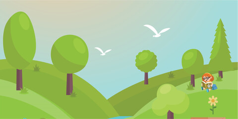 vector illustration of green hills with trees, child reading a book
