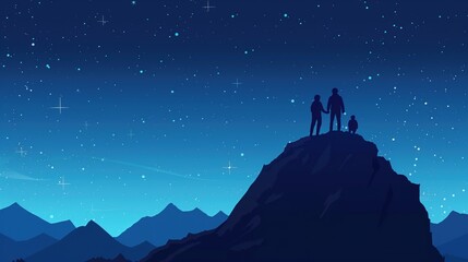 silhouette of three people on a mountain facing the starry sky