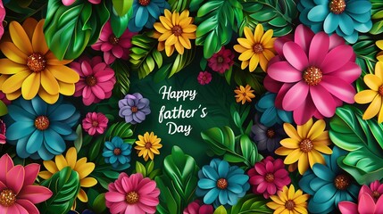 A colorful 3d flower card with handwriting text "Happy Father's Day"