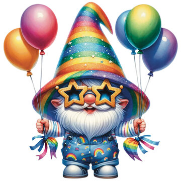 recommend clip art: Pride Gnome wear rainbow hat watercolor clipart. Ai Generate