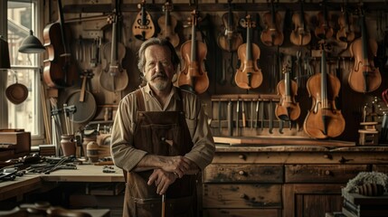 The picture of the violin maker inside the workshop for making or repairing the musical instrument created from wood called violin that must use woodworking skill to work in this occupation. AIG43.