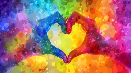 Hands form a heart symbol with a vibrant rainbow background. This graphic representation of pride and LGBTQ support is filled with colorful energy.