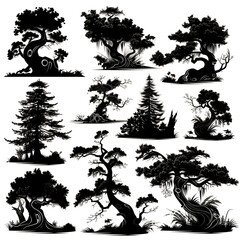  set of pine tree silhouette  isolated on white background