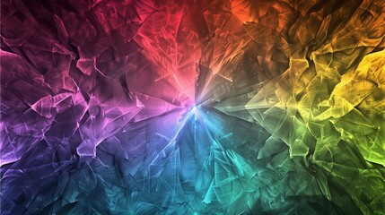 A rainbow colored gradient of digital art. The colors blend seamlessly from one to the next, creating an intricate pattern that resembles cracked glass or crystal. In the center is a large, dark