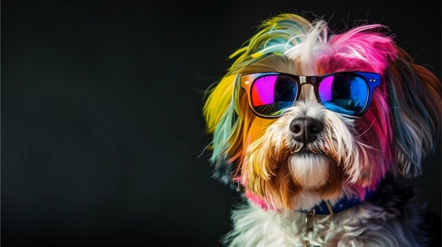 A Havanese dog with rainbowcolored fur and sunglasses, black background, hyper realistic photography