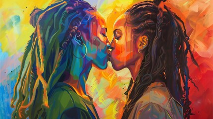 Two black women with dreadlocks kissing, beautiful rainbow colors, hyper realistic oil painting,