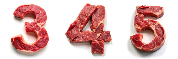 Fototapeta premium Numbers 3, 4, 5. Alphabet Made of Fresh Raw Beef.