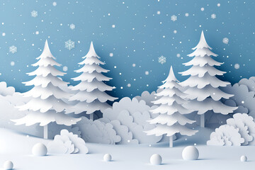 winter landscape with trees and snow,  snow fall in the forest, white papercut style Christmas trees 