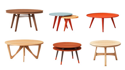 set of modern home tables in various shapes and colors, isolated on transparent background