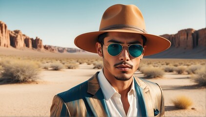handsome young hispanic guy on desert background fashion portrait posing with hat and sunglasses