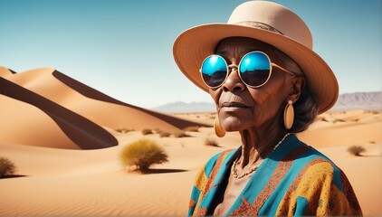 beautiful elderly african woman on desert background fashion portrait posing with hat and sunglasses