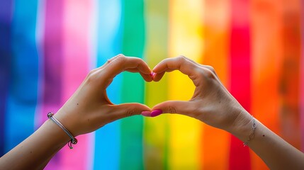 Two hands making a mini heart symbol with a vivid rainbow backdrop showcasing the theme of pride and LGBTQ support.